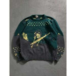 Vintage 90s Kaid Green Grey Wool Crewneck Knit Sweater Ski Jumper L